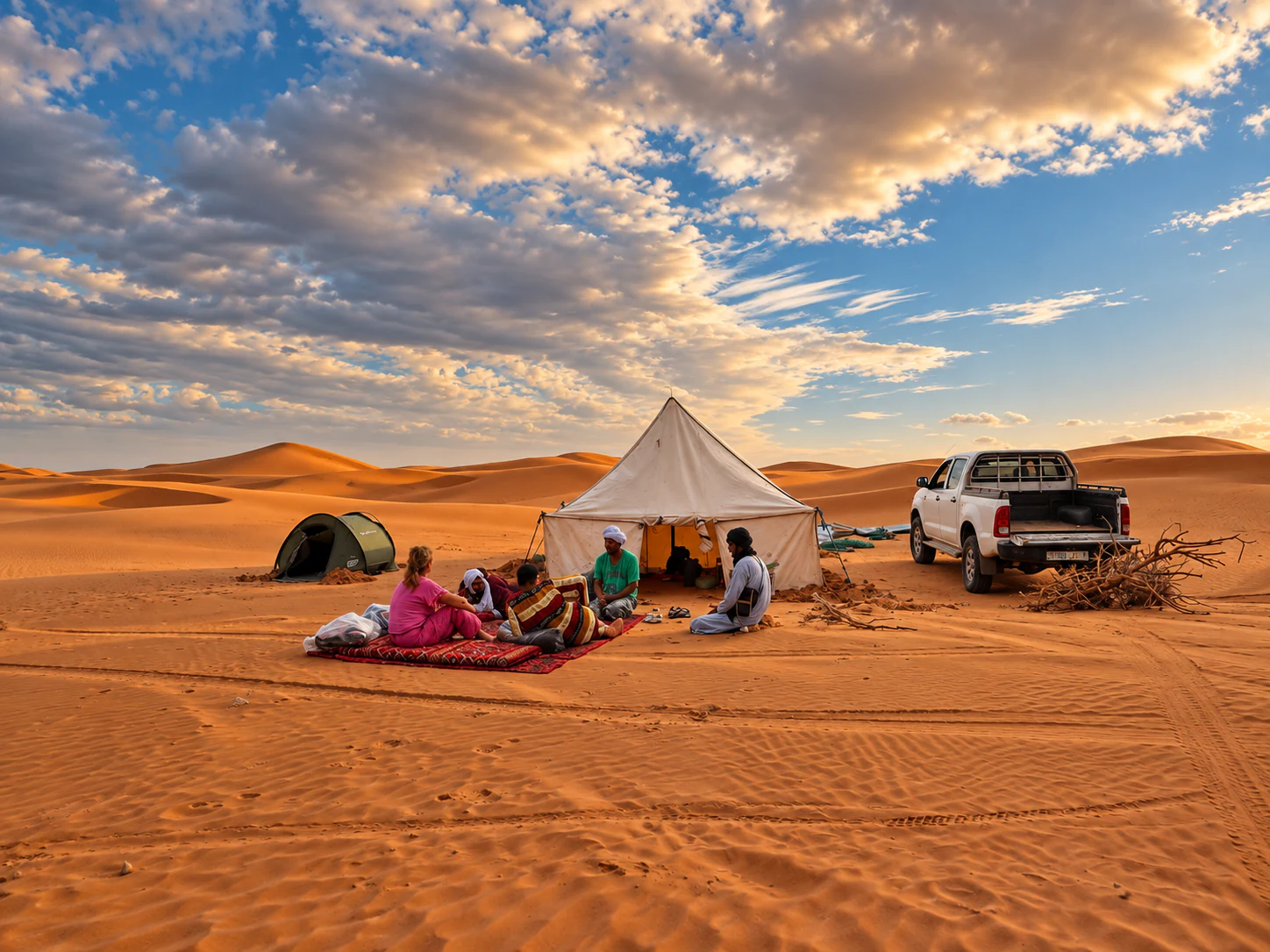 A 4x4, desert camp and guests beneath a dramatic Sahara sky.