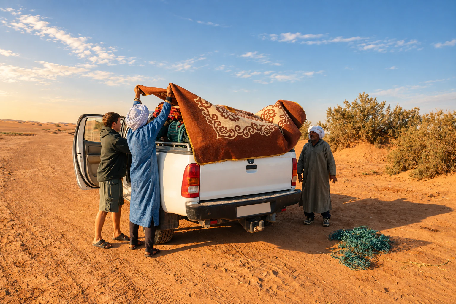 The Sahara Caravan team loading camp rugs into a pickup in the desert.