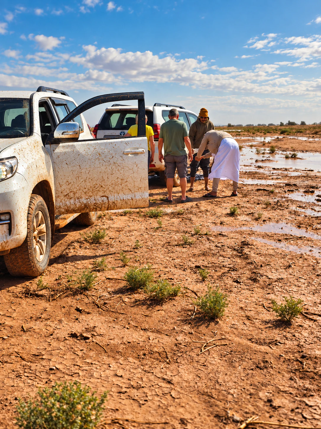A 4x4 navigating a muddy desert track during a Sahara journey.