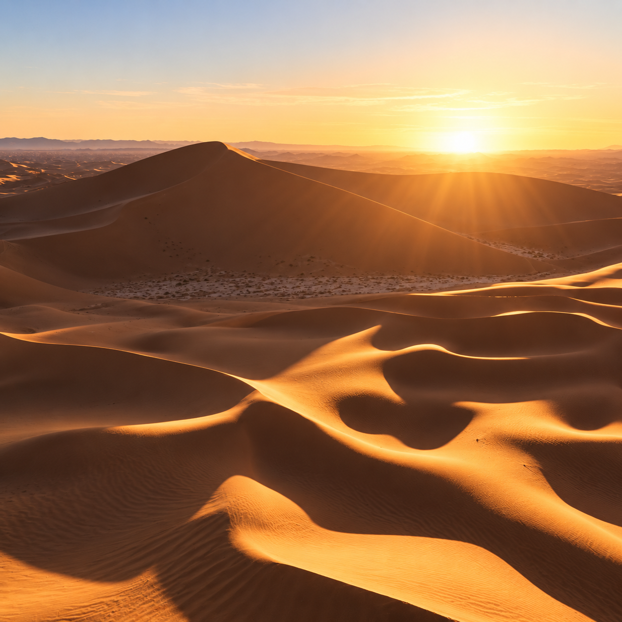 Golden Sahara dunes at sunset.
