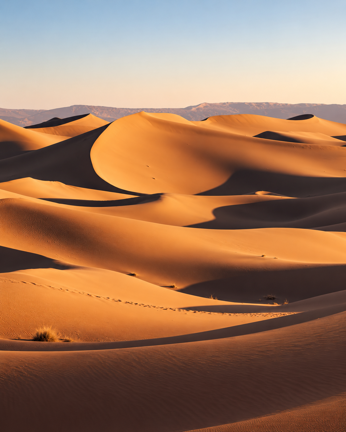 Golden desert dunes in the Moroccan Sahara.