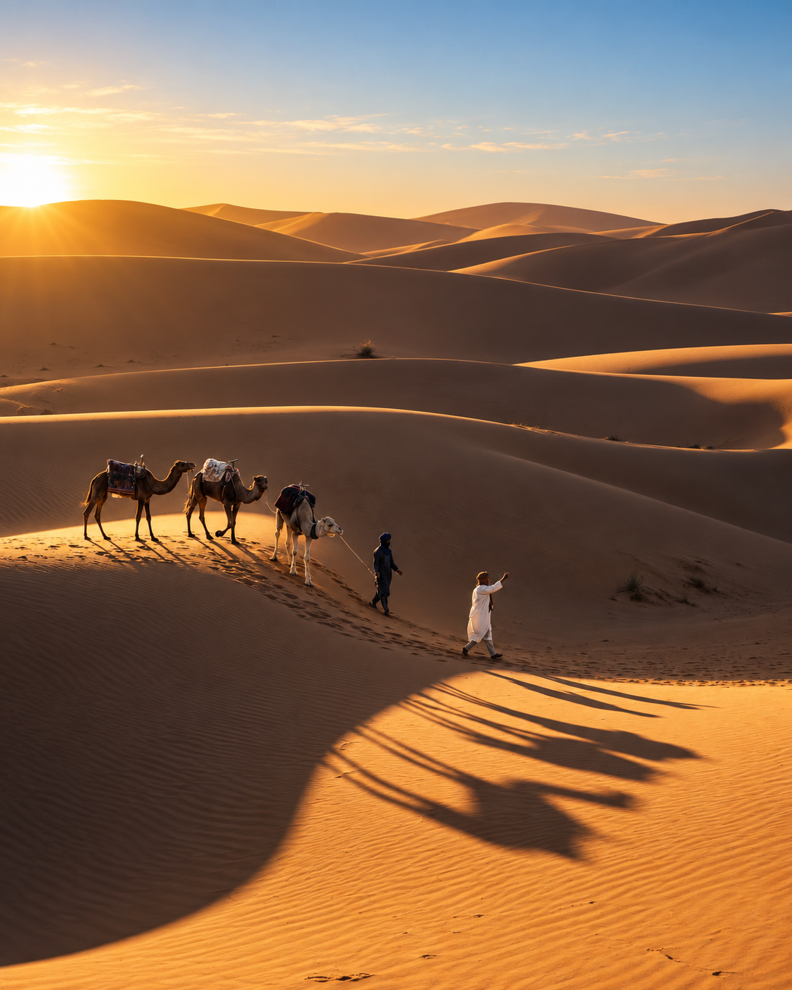 Camel caravan walking through Sahara dunes at sunset.