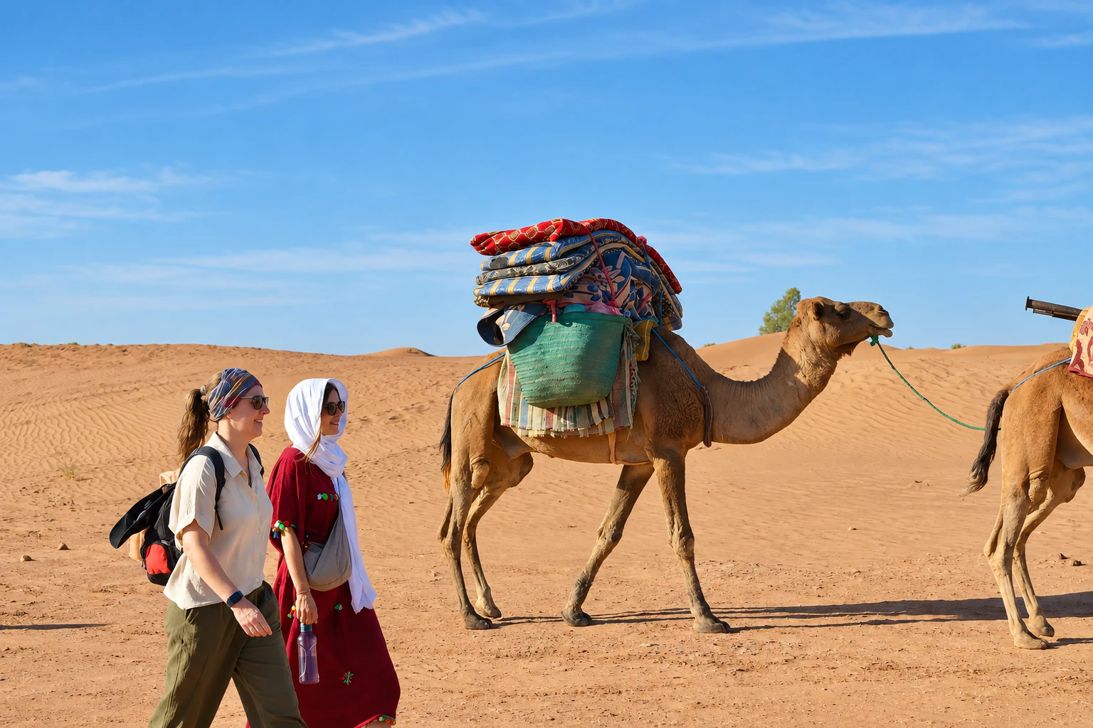 A camel caravan crossing open Sahara dunes during the retreat.