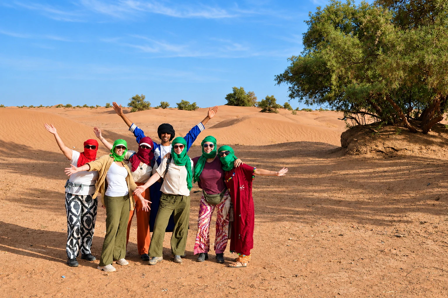 Retreat guests and the local caravan team gathered together in the desert.