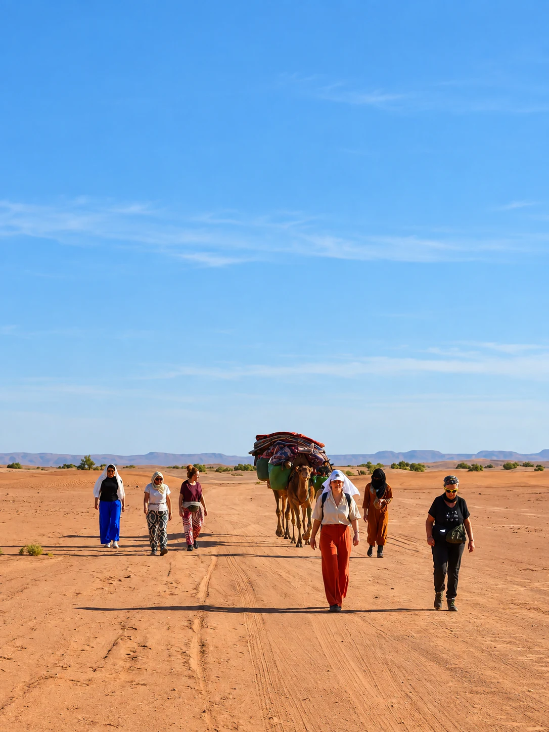 Retreat guests walking through the Sahara beside a camel.