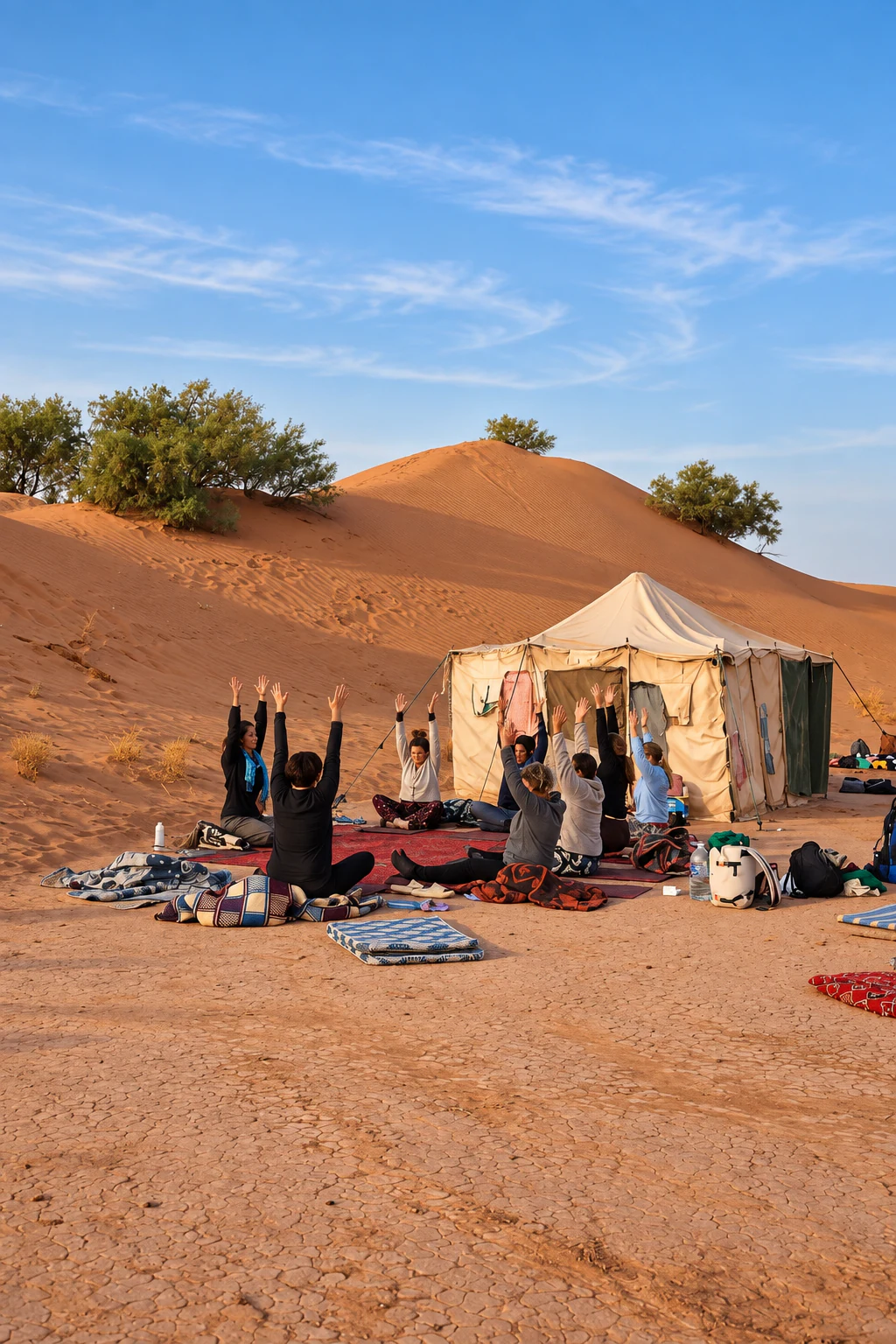A yoga session beside a desert camp beneath blue Sahara skies.